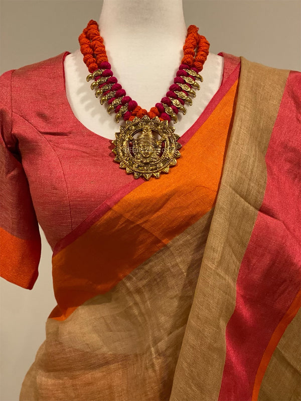 Light Brown/Hot Pink Linen Saree with Stitched Blouse