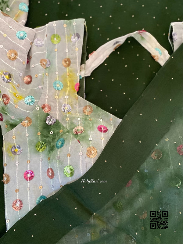 Bottle Green Mukaish Work Saree with Stitched Sequins Embroidery blouse