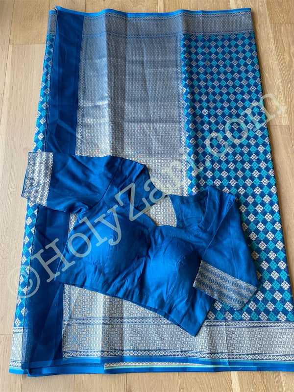 Blue Banarasi Mercerized Cotton Saree with Stitched Blouse