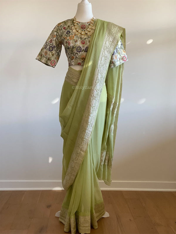 Preorder - Mint Green Banarasi Chiffon Saree