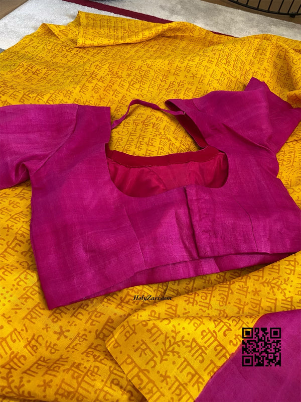 Magenta and Yellow Hand Printed Silk Saree