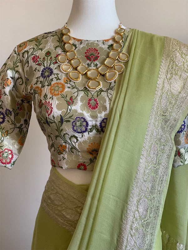 Preorder - Mint Green Banarasi Chiffon Saree