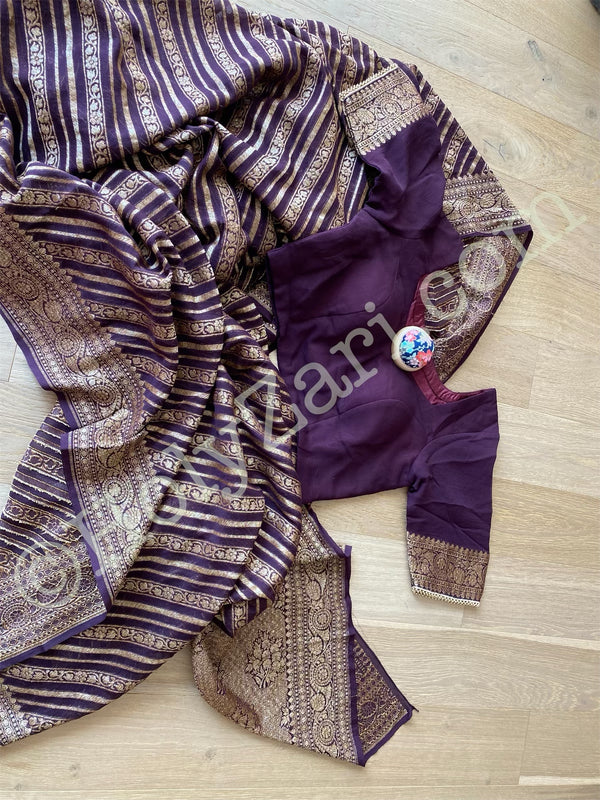 Wine Color Banarasi Khaddi Georgette Saree with Stitched Blouse size 38