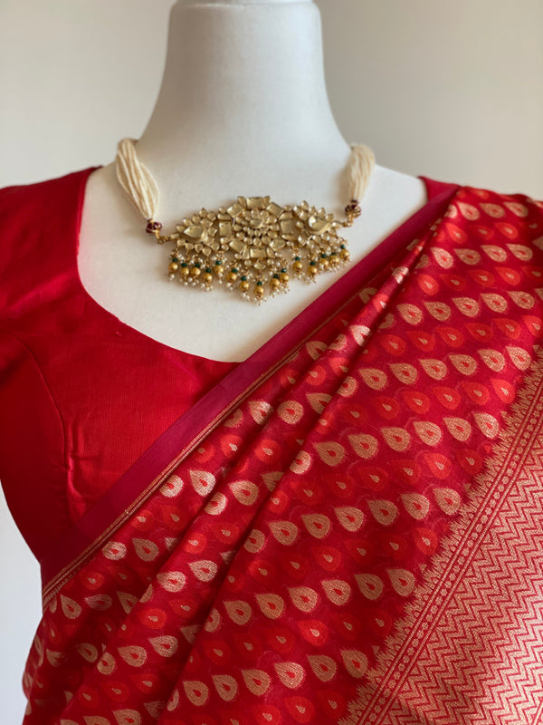 Red Banarasi Mercerized Cotton Saree with Stitched Blouse