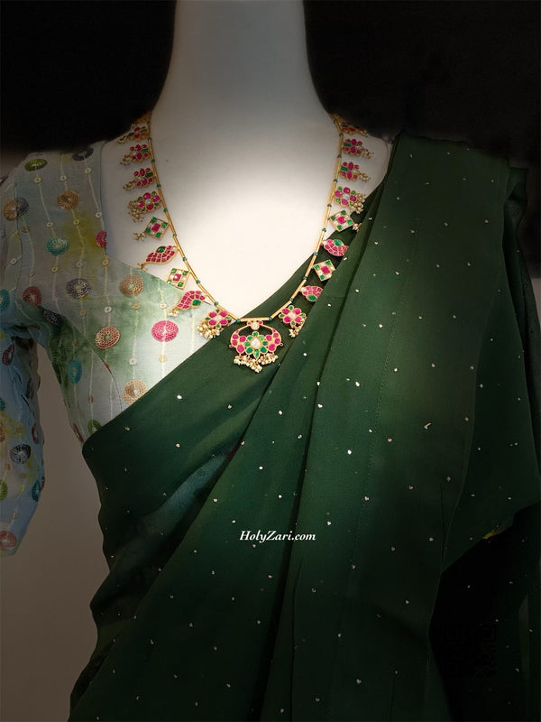 Bottle Green Mukaish Work Saree with Stitched Sequins Embroidery blouse