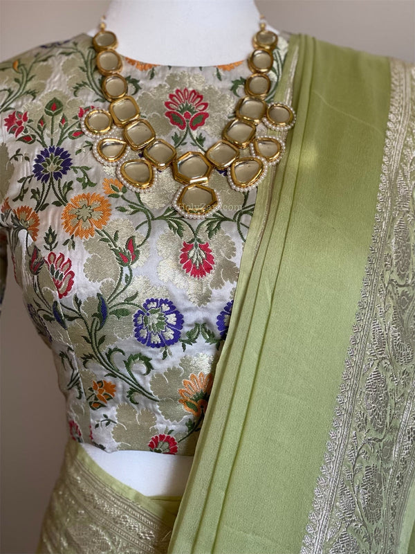 Preorder - Mint Green Banarasi Chiffon Saree