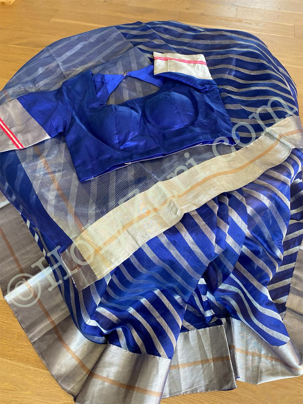 Blue Chanderi Silk Saree with Stitched Blouse