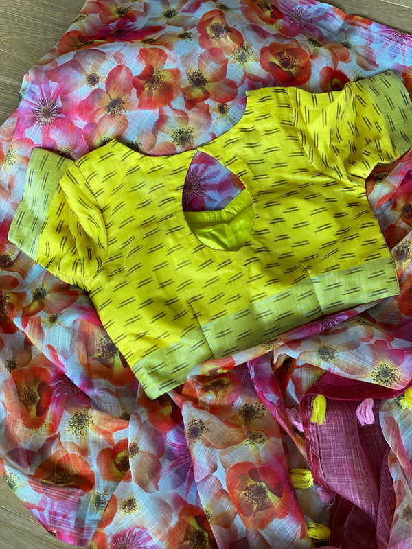 Pink Floral Linen Saree with Stitched Blouse