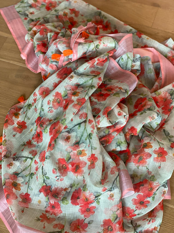 Coral Peach/Red Floral Linen Saree with Stitched Blouse