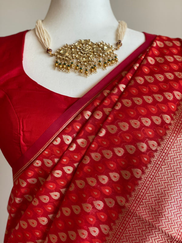 Red Banarasi Mercerized Cotton Saree with Stitched Blouse