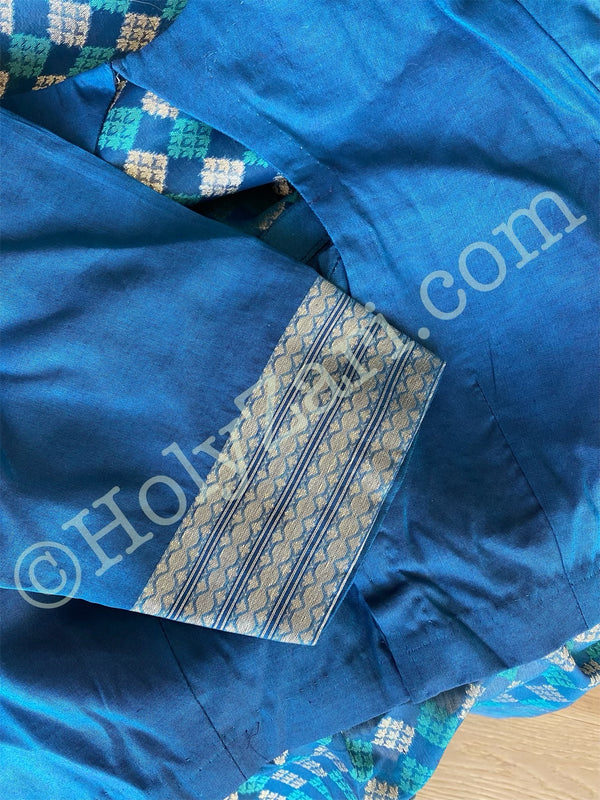 Blue Banarasi Mercerized Cotton Saree with Stitched Blouse