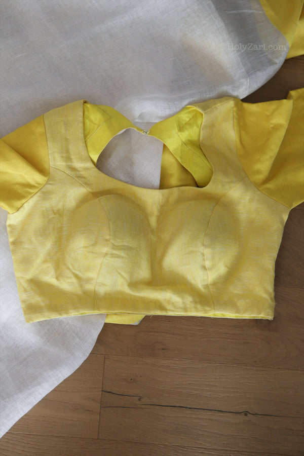 Lemon Yellow and White Linen Saree with Stitched Blouse