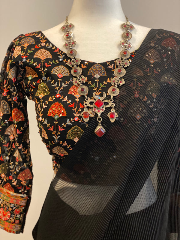 Black Embroidered Multicolor Georgette Blouse