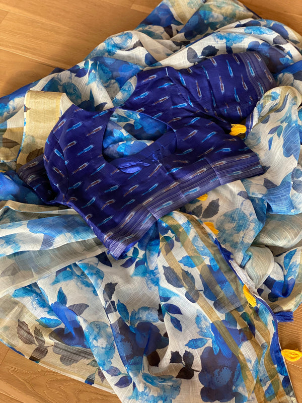 Blue Floral Linen Saree with Stitched Blouse