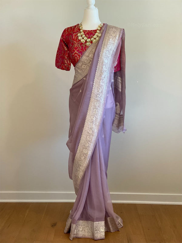 Preorder - Mauve Banarasi Pure Chiffon Saree