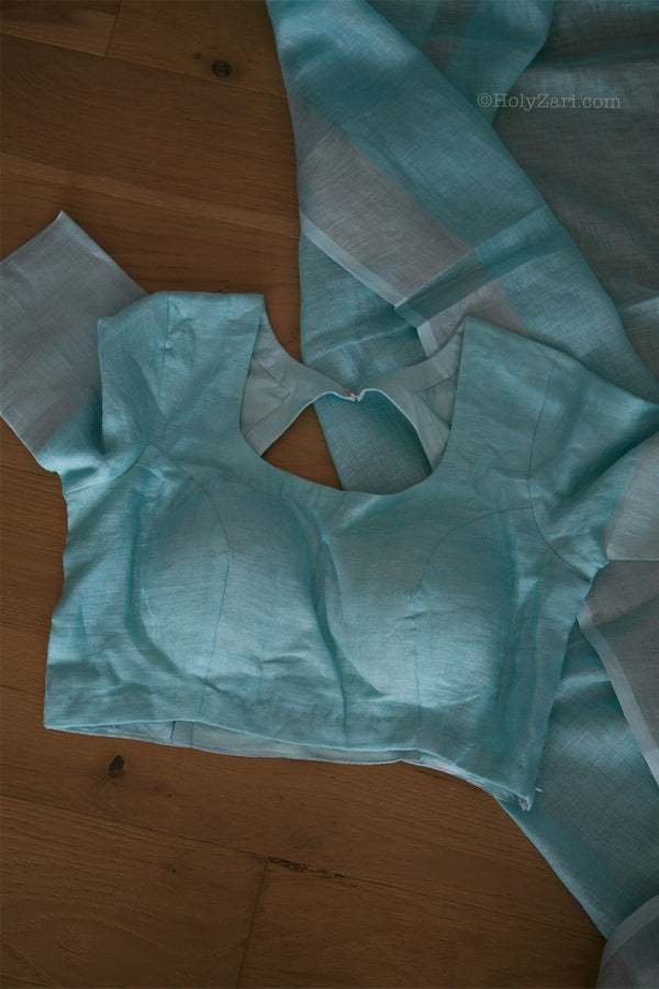 Light Blue Linen Saree with Stitched Blouse