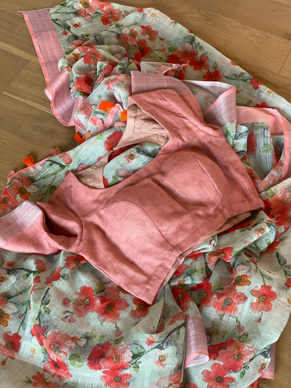 Coral Peach/Red Floral Linen Saree with Stitched Blouse