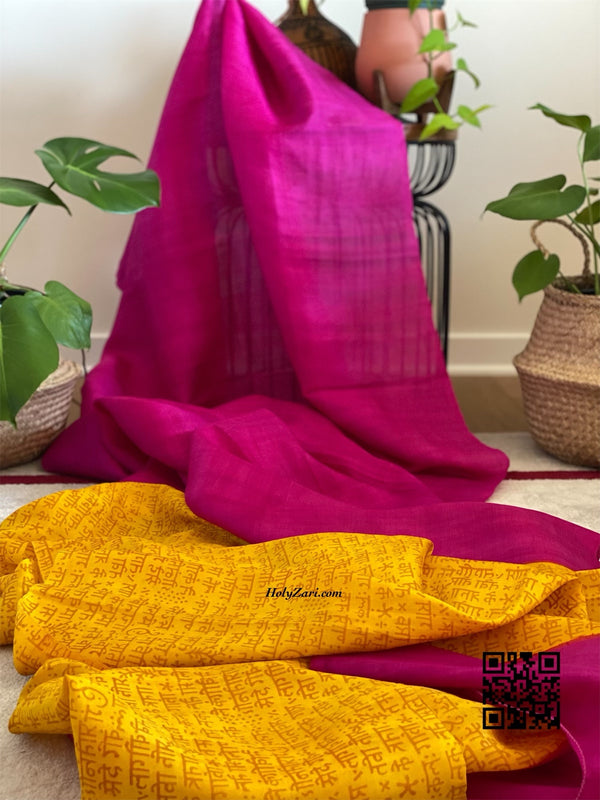 Magenta and Yellow Hand Printed Silk Saree