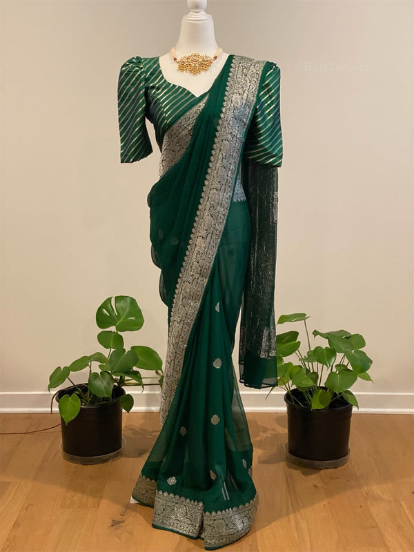 Preorder - Bottle Green Banarasi Chiffon Saree