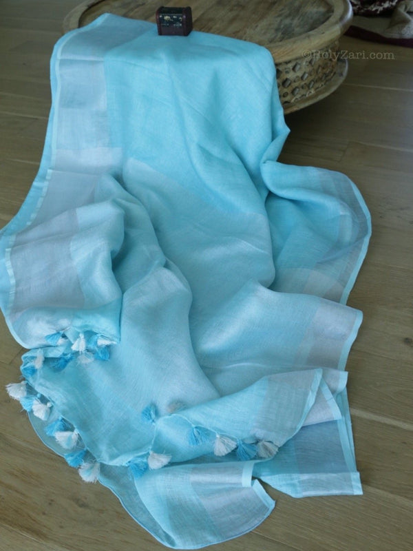 Light Blue Linen Saree with Stitched Blouse