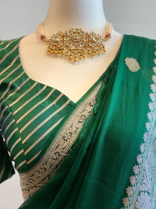 Preorder - Bottle Green Banarasi Chiffon Saree