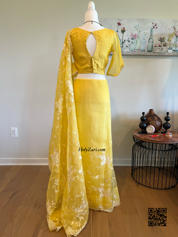 Yellow Embroidered Pure Organza Saree