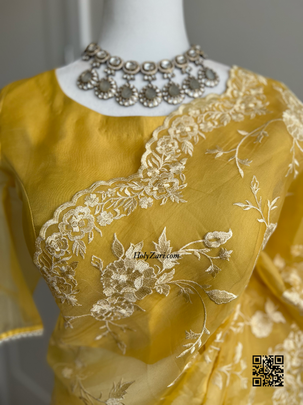 Yellow Embroidered Pure Organza Saree