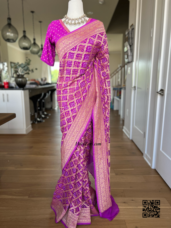 Purple Banarasi Khaddi Georgette Saree in Rai Bandhej/Bandhani
