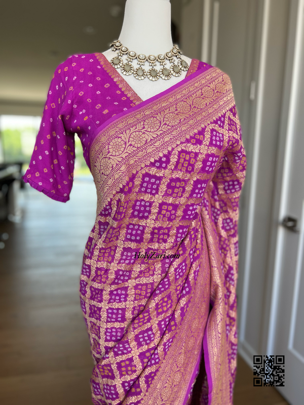 Purple Banarasi Khaddi Georgette Saree in Rai Bandhej/Bandhani