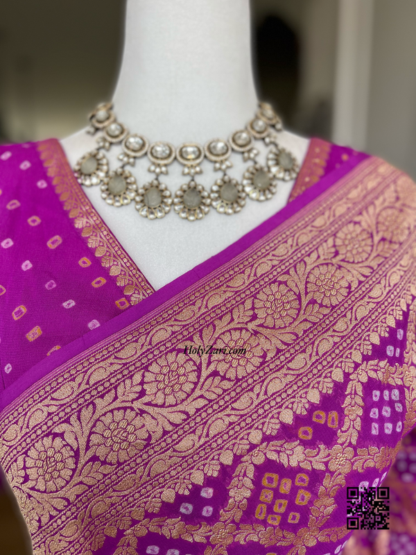 Purple Banarasi Khaddi Georgette Saree in Rai Bandhej/Bandhani