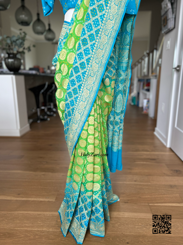 Aqua Blue/Green Banarasi Khaddi Georgette Saree in Rai Bandhej/Bandhani