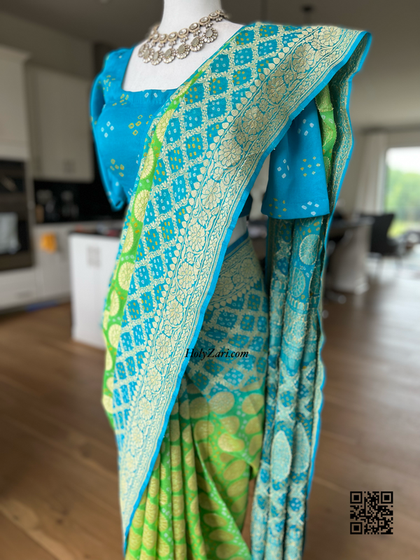 Aqua Blue/Green Banarasi Khaddi Georgette Saree in Rai Bandhej/Bandhani