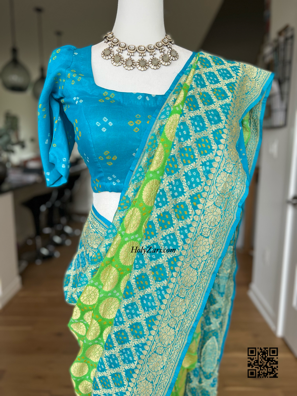 Aqua Blue/Green Banarasi Khaddi Georgette Saree in Rai Bandhej/Bandhani