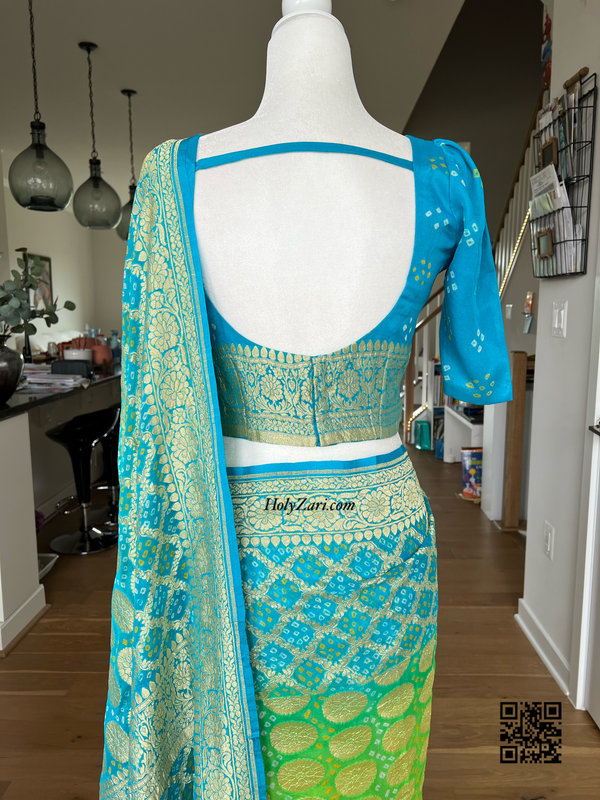 Aqua Blue/Green Banarasi Khaddi Georgette Saree in Rai Bandhej/Bandhani