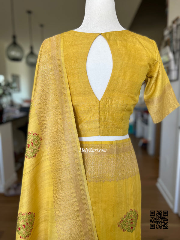 Olive Mustard Yellow Tussar Georgette Meenakari Banarasi Saree