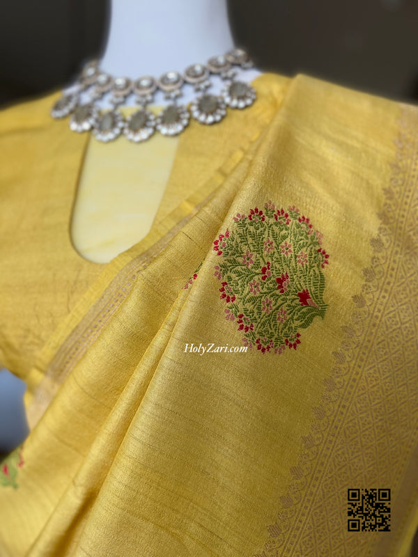 Olive Mustard Yellow Tussar Georgette Meenakari Banarasi Saree