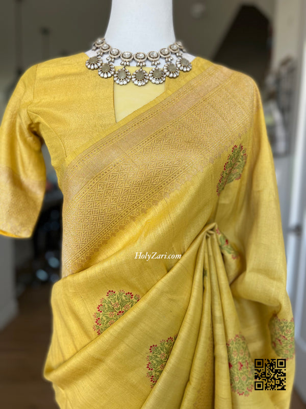 Olive Mustard Yellow Tussar Georgette Meenakari Banarasi Saree