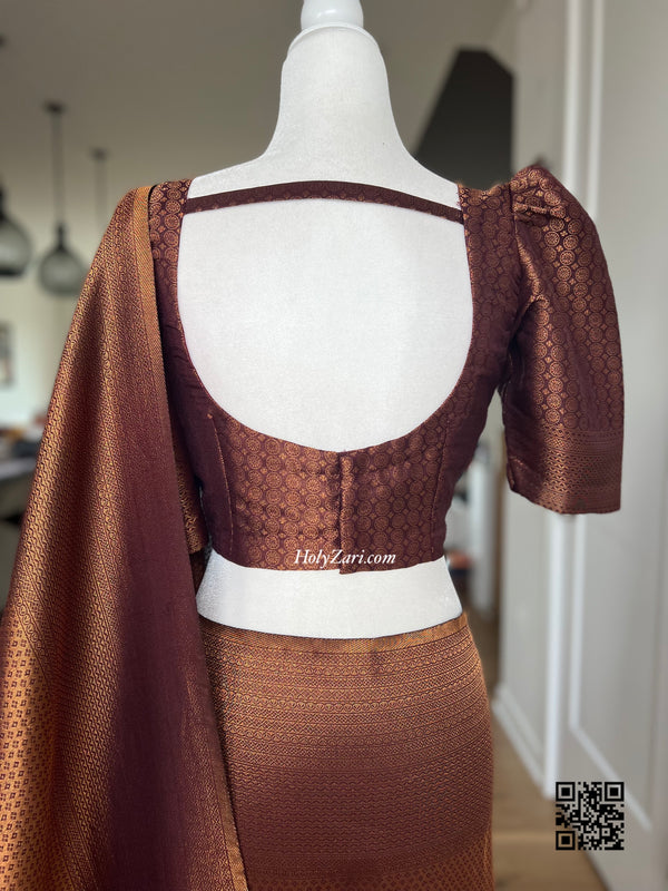 Dark Chocolate Brown Copper Kubera Silk Saree