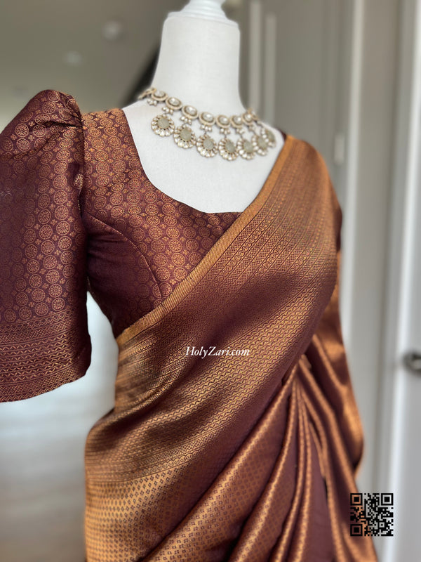 Dark Chocolate Brown Copper Kubera Silk Saree