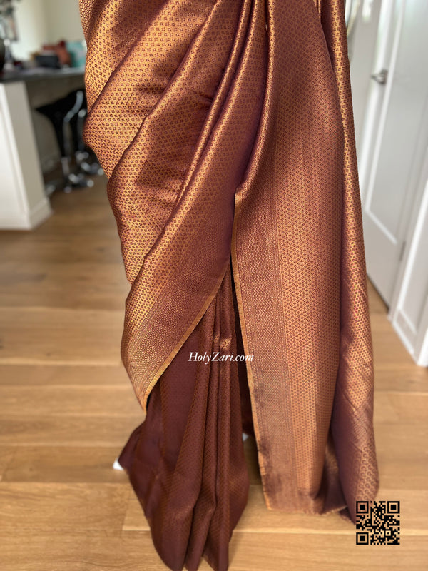 Dark Chocolate Brown Copper Kubera Silk Saree