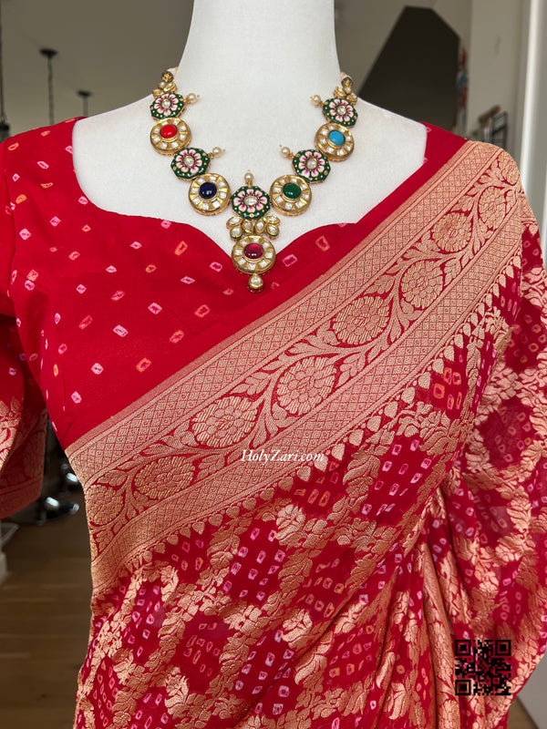 Red Banarasi Khaddi Georgette Saree in Rai Bandhej/Bandhani