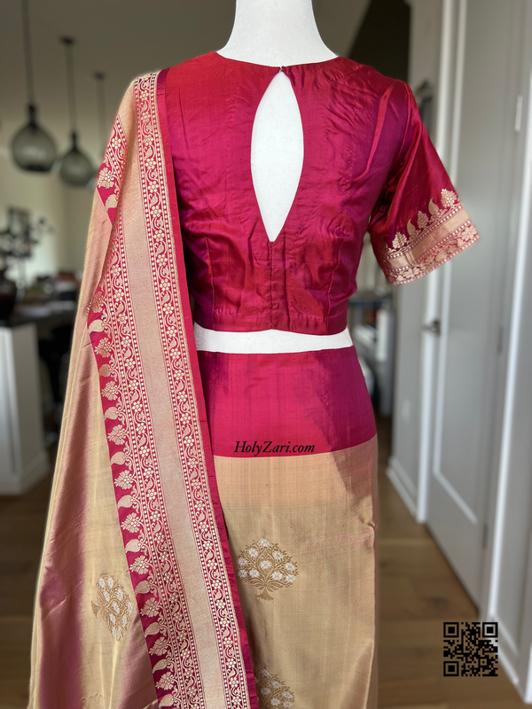 Redish Pink/Chickoo Shade Alfi Kaduwa Butta Banarasi Saree