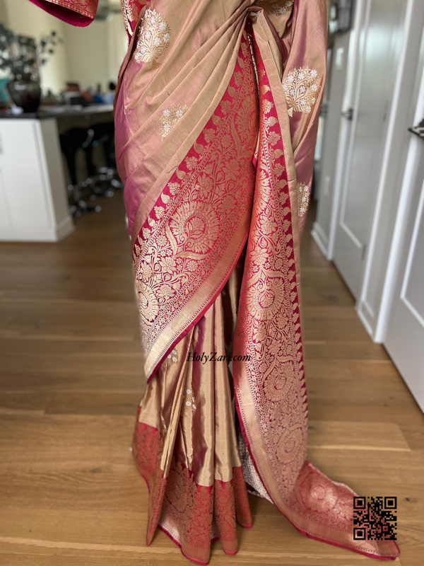 Redish Pink/Chickoo Shade Alfi Kaduwa Butta Banarasi Saree