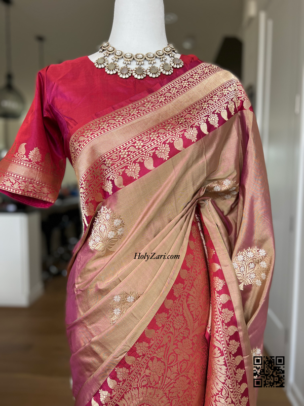 Redish Pink/Chickoo Shade Alfi Kaduwa Butta Banarasi Saree