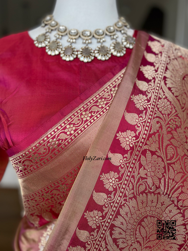 Redish Pink/Chickoo Shade Alfi Kaduwa Butta Banarasi Saree