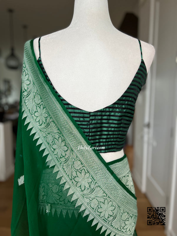 Bottle Green Banarasi Chiffon Saree with stitched Spaghetti Strap Blouse