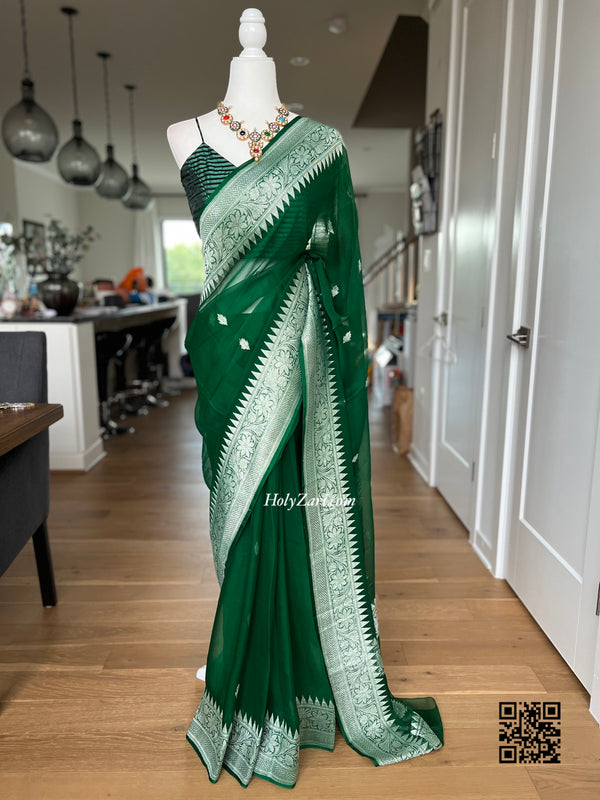 Bottle Green Banarasi Chiffon Saree with stitched Spaghetti Strap Blouse