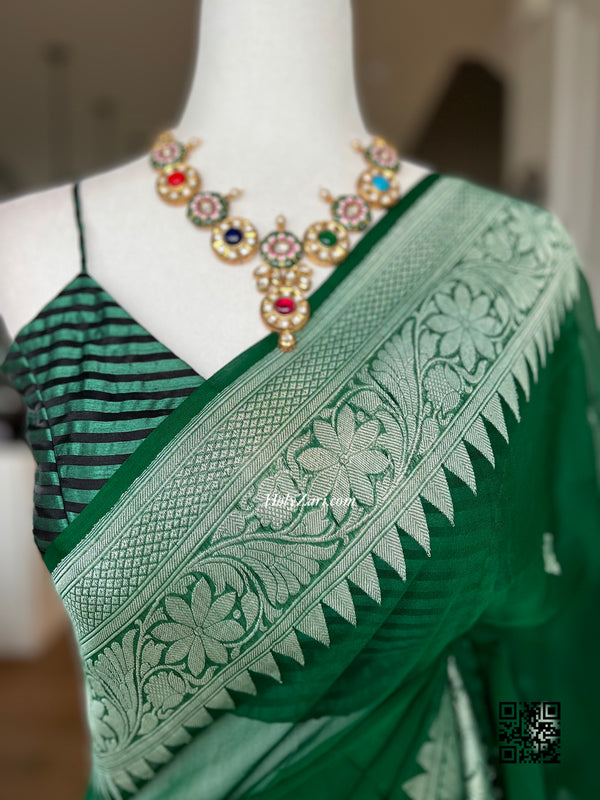 Bottle Green Banarasi Chiffon Saree with stitched Spaghetti Strap Blouse