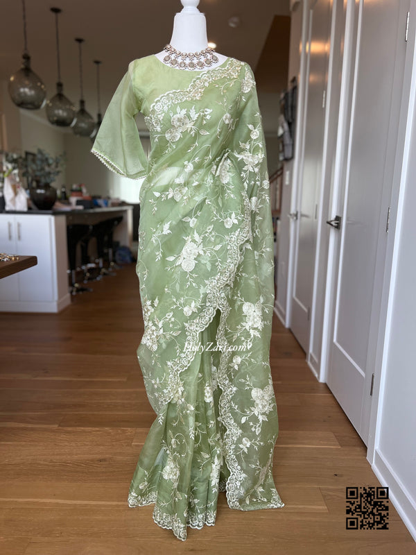 Pastel Green Embroidered Pure Organza Saree
