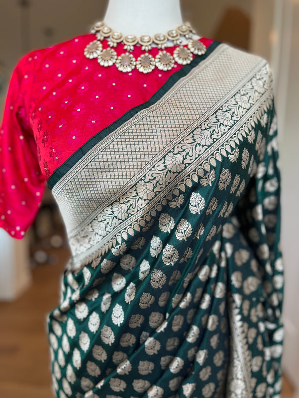 Dark Bottle Green Pure Katan Silk Banarasi Saree